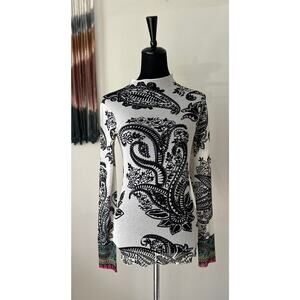 MANGO SUIT Paisley Print Sheer Mesh Mock Neck Top in White Size M